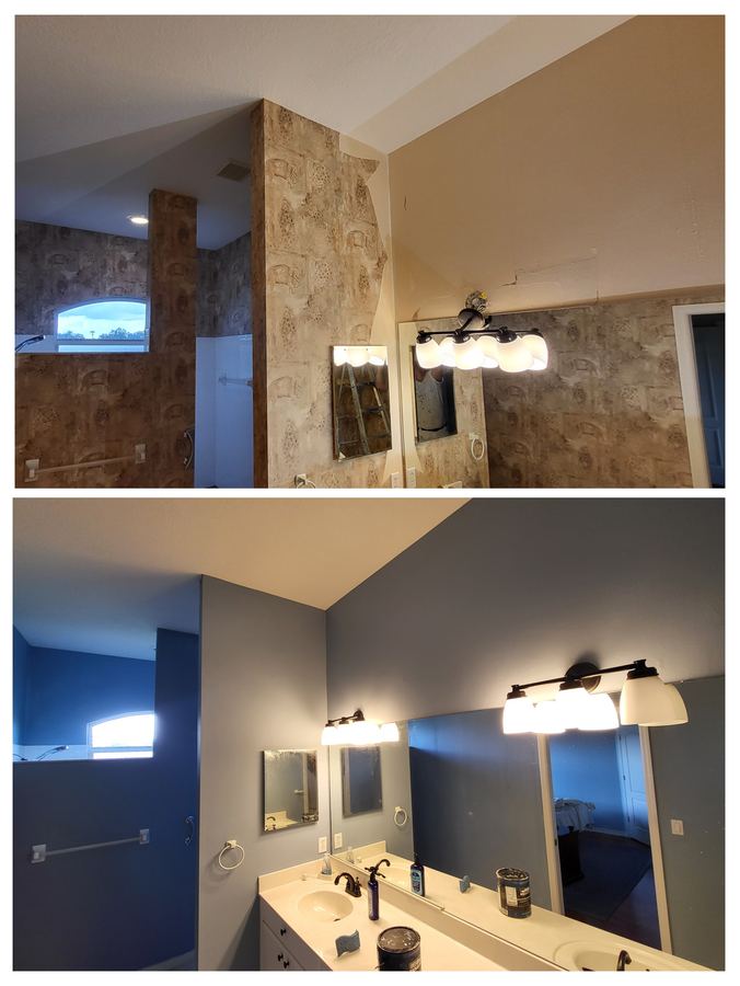 Bathroom wallpaper removed and painted, before and after, GOGO Painting