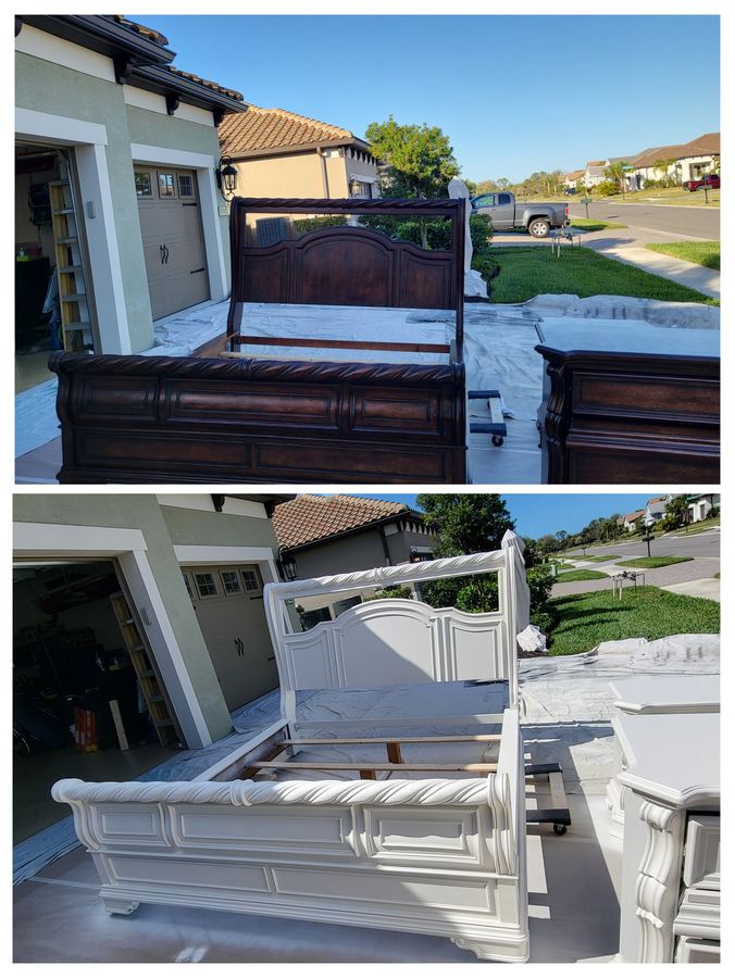 Bedroom furniture refinished from dark wood to white by GOGO Painting